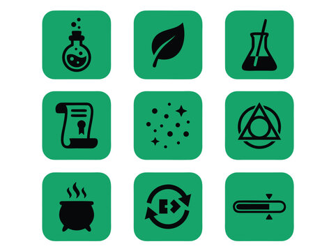 Set of Nine Alchemy and Magic Themed Icon Buttons.