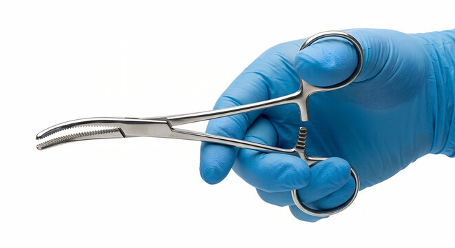Blue-gloved hand holding a stainless steel hemostat or locking forceps with a ratcheted handle, representing surgical clamping and bleeding control