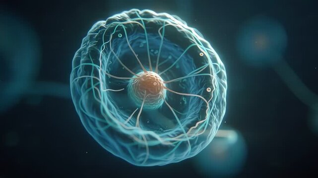 high detail blue glowing nerve cell with electric impulses in scientific background