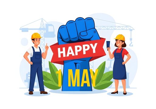 A cartoon illustration of workers celebrating May Day with a large fist