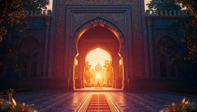 ornate islamic archway glowing with light for muharram new year celebration