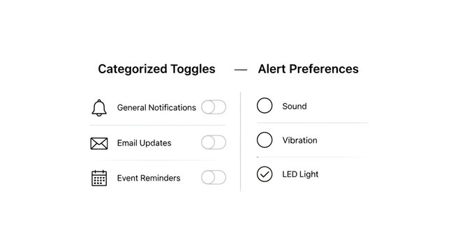 Notification settings, toggle switches, alert preferences, customizable options, vector icons