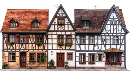 Naklejka premium A row of three traditional European townhouses with distinctive timber-frame architecture, showcasing dormers, red-tiled roofs, and colorful window boxes