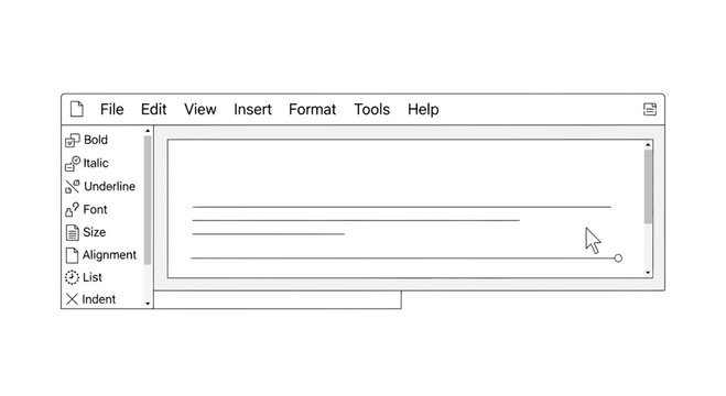 Vector text editor interface, document editing screen, word processor template, desktop publishing tool