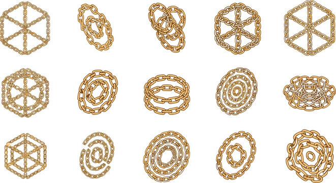 Vector set of isometric gold chain mandalas and complex geometric link arrangements for luxury jewelry design.Vector set of isometric gold chain mandalas and complex geometric link 