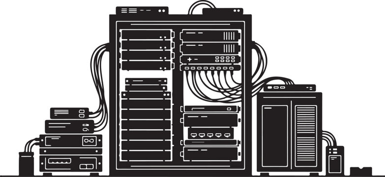 Black and white of computer server and network equipment