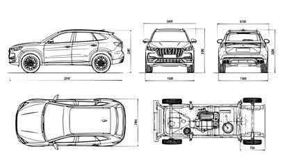 White SUV car blueprint with multi view technical drawing front side rear top vector illustration © Shameem