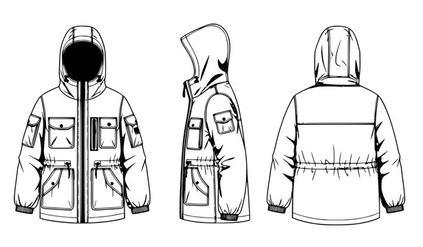 Kids hooded jacket technical drawing front side and back views fashion flat sketch vector illustration