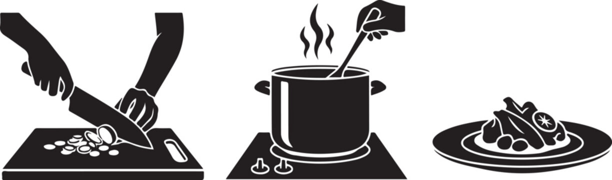 Black and white of cooking steps with hands cutting food on a board stirring a pot and serving