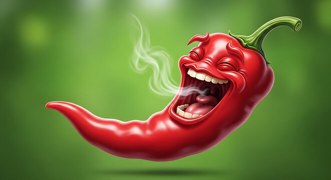 Cartoon of a very happy red chili pepper with its mouth wide open in laughter and steam coming out