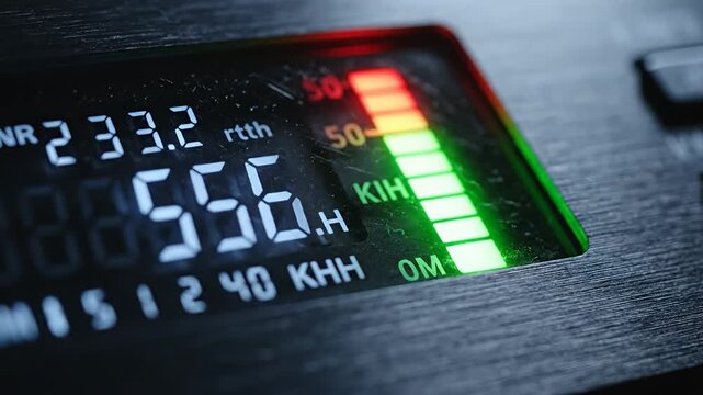 Digital display with blue numbers and bar graph on dark panel