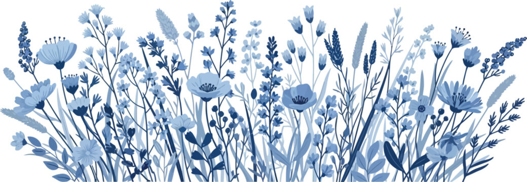 Blue Wildflower Border Illustration with Botanical Meadow Flowers and Foliage