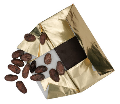 Chocolate bar in yellow foil paper and cocoa beans isolated. Chocolate bar unwrapped. Origin of cacao beans.