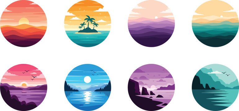 Abstract Landscape Logo Set with Sunset Mountain Lake Sea Island and Scenic Nature Views