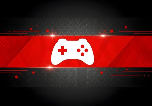A white video game controller with a red cross on a red and black background