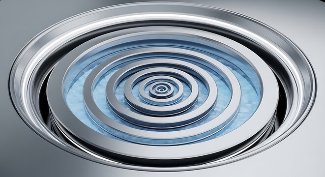 Abstract concentric circles with metallic sheen and blue liquid creating a futuristic ripple effect and a sense of depth and motion