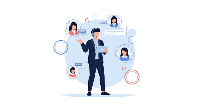 Customer service agent connecting with clients via online communication, business concept