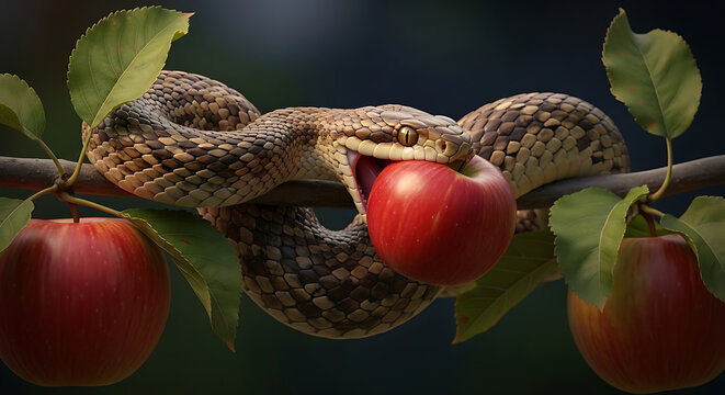 Serpent's Temptation A Snake Bites Into a Juicy Red Apple on a Tree Branch