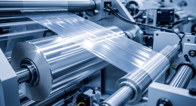 Industrial plastic film production line | Automated flexible packaging machinery | Close up of plastic wrap manufacturing process | Polyethylene roll on industrial extruder