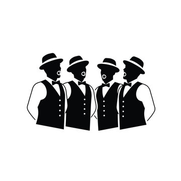 Four Men in Vests and Hats Singing Together.