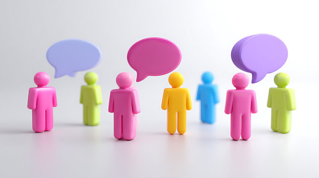 Colorful plastic people figures with vibrant speech bubbles, symbolizing communication, social network, and diverse interaction on a clean background
