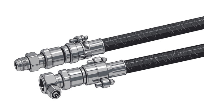 Two robust black industrial hoses feature meticulous metallic hydraulic fittings and secure clamps against a clean white background in a horizontal.