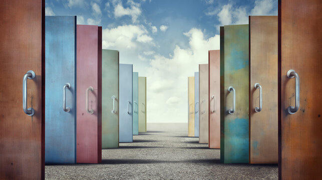 Abstract Pathway of Colorful Metallic Doors in the Sky: A Surreal Journey towards Freedom and Opportunity