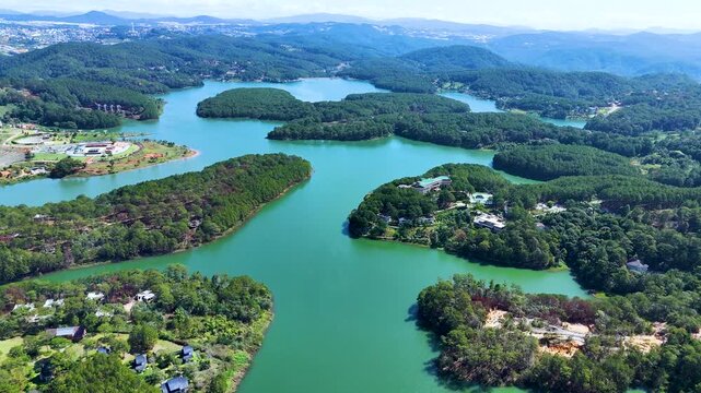 Aerial view of Tuyen Lam Lake, near Da Lat city, Vietnam.