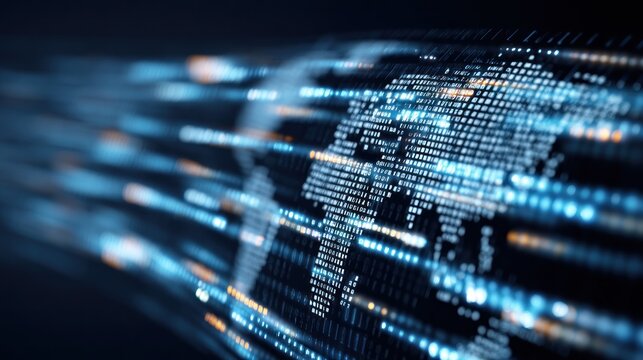 Abstract world map with binary data flow