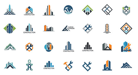 Fototapeta premium Modern Construction Company Logos and Icons - Buildings, Tools, Architecture Design Set