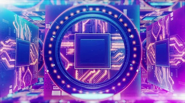 Aerial view of futuristic chipboard and CPU, 3D rendered background