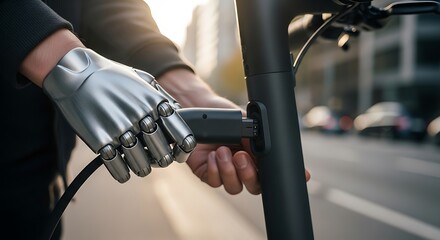 Fototapeta premium Future Mobility Concept Person Wearing Advanced Metallic Glove Connects Charging Cable To Electric Scooter Handlebar In Outdoor Urban Environment During Golden Hour Sunlight