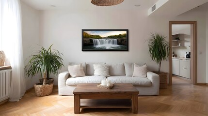Fototapeta premium A serene and modern living space featuring natural wood elements plush seating and a striking waterfall artwork