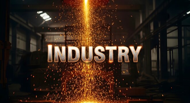International Labor Day glowing industry text with sparks in dark industrial background