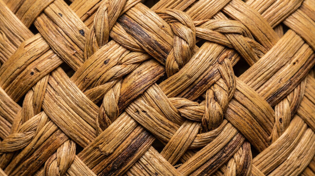 Woven Rattan Texture Close Up Natural Fiber Pattern. Detailed macro of interlaced cane weave showing organic pattern and natural tan brown variations