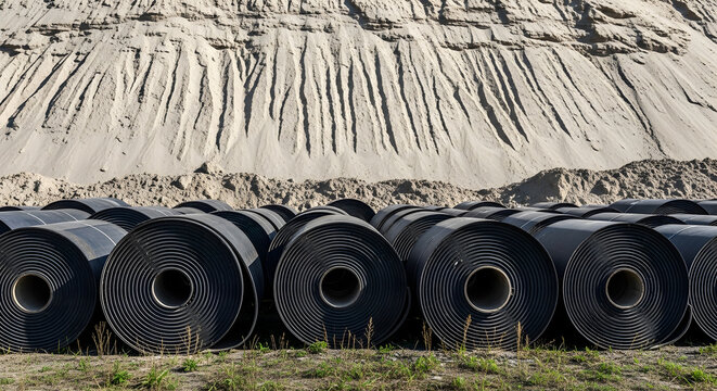 industrial rubber rolls on construction site | heavy duty waterproof membrane rolls | sand pile background in industrial yard | bitumen geocomposite rolls for engineering