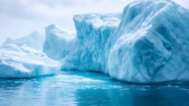 Winter season adventure exploration. A vivid portrayal of a vast expanse of icebergs, showcasing intricate patterns and textures. The main subject is a large, jagged iceberg with a distinct blue hue.