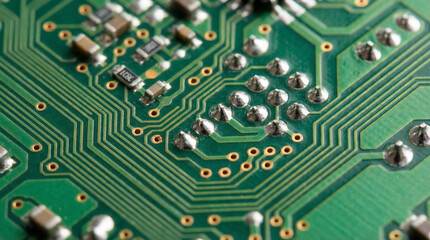 Obraz premium Circuit Board Macro Green PCB Electronic Pathways. Extreme close-up of emerald green circuit board with golden traces and solder points
