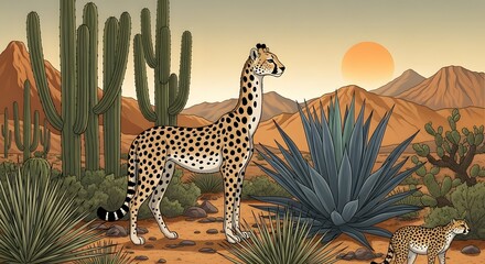 Obraz premium Cheetahs standing in desert landscape with cacti and mountains