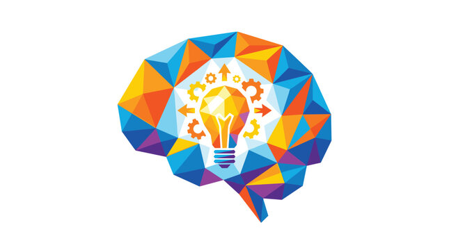 A human brain constructed from vibrant geometric polygons contains a glowing lightbulb and mechanical gears at its center against a neutral white background.