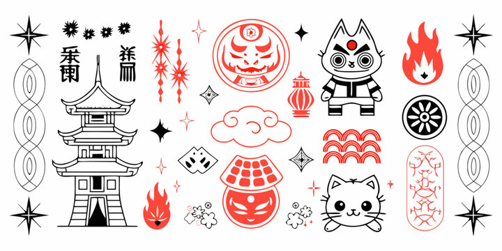 Japanese inspired tattoo flash sheet with demons towers and whimsical creatures