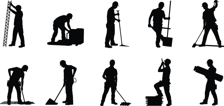 Black silhouette icons of construction workers, laborers, and equipment, set of 10 vector graphics