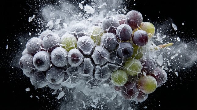 Liquid nitrogen frozen grapes bursting frost, ultra detailed ice cracks, black background
