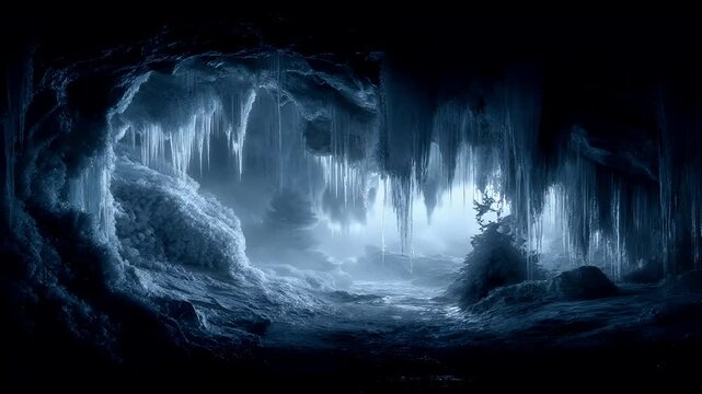 Winter season adventure exploration. A dramatic, atmospheric depiction of a cavernous landscape. The main subject is a cavern filled with stalactites and icicles hanging from the ceiling.