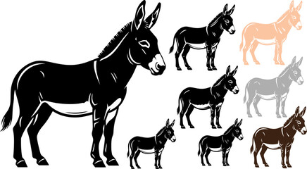 Fototapeta premium Donkey, ass, mule, vector icons, 7 animals, black, white, brown, gray