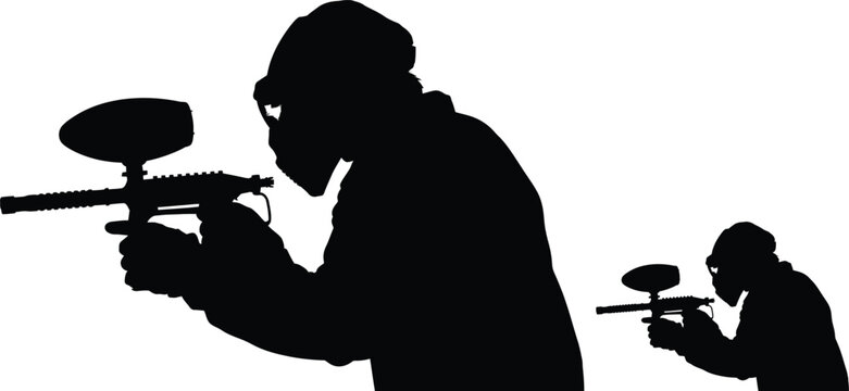 Paintball, silhouette, black, vector icons, sport, games, illustration, two players, paintball guns