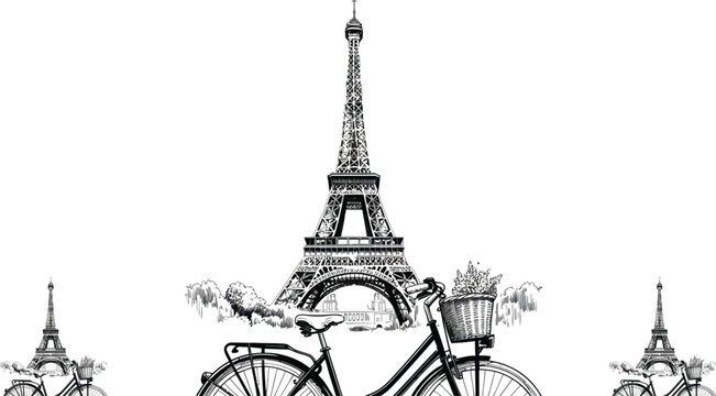 Eiffel Tower, Parisian vector icons, black and white illustrations, travel landmarks, bicycle graphics