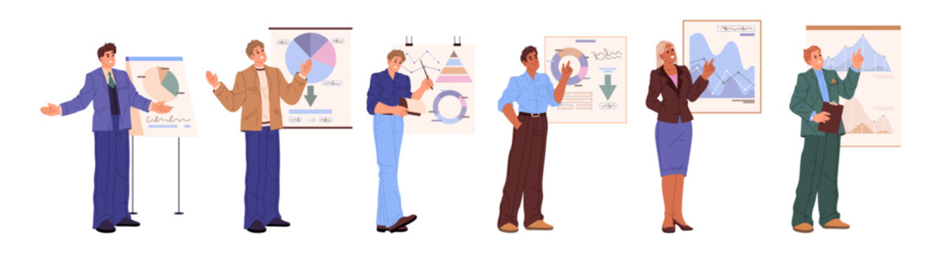 Business presentation or meeting, teamwork and brainstorming for employees and boss. Vector male and female characters showing analysis with diagrams and infographics tables. Coaches at trainings