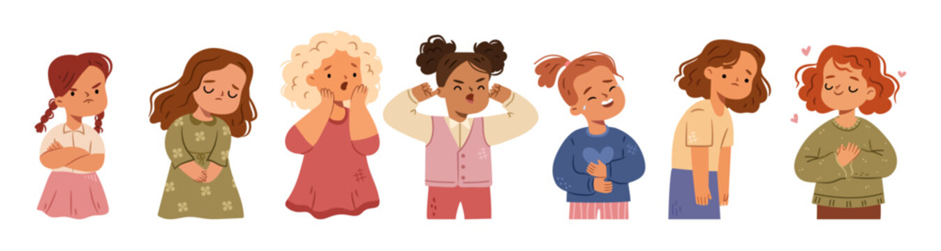 Cute kid girl personages facial expressions and emotions. Vector isolated cartoon characters showing anger and confusion, sadness and happiness, calm and bored, silly and surprised faces