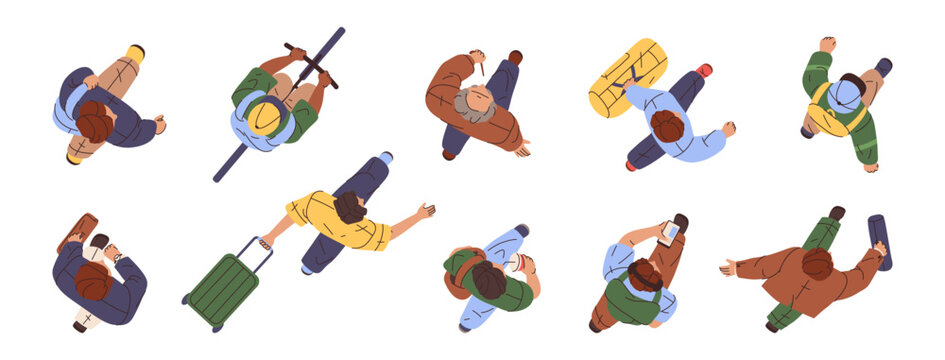 Top down view of people walking in one direction. Vector male and female characters carrying suitcases and backpacks. Urban life movement and human activity. Travel in busy metropolitan setting